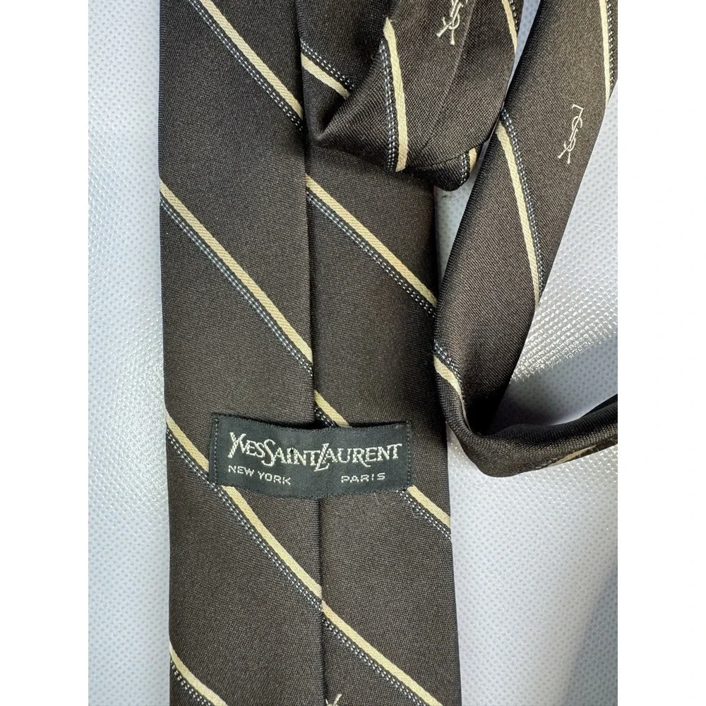Yves Saint Laurent Monsieur Silk Tie Brown Tan Striped YSL Vintage Old Money - Picture 2 of 5